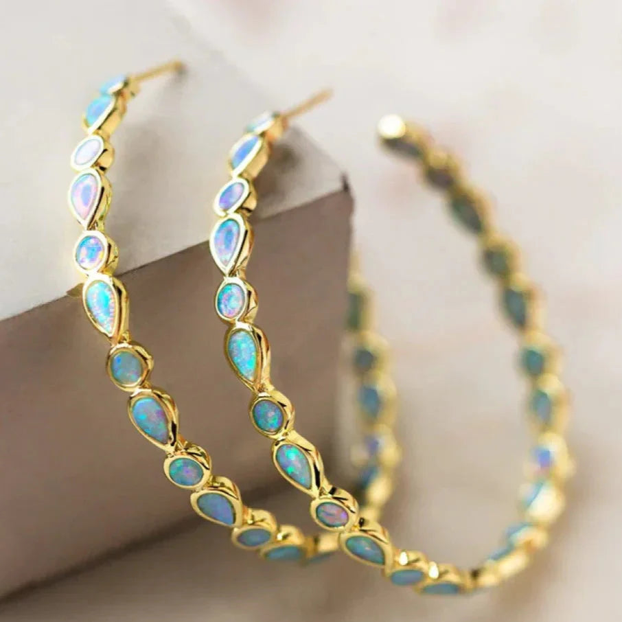 Emmeline - Vintage Blue Opal Golden Hoop Earrings