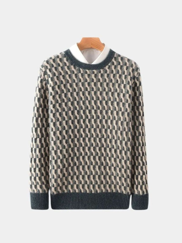 100% Wool Geometric Crew Neck Pullover Sweater - Cross & Crown